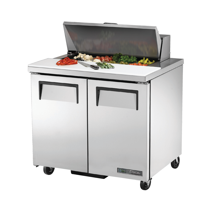 Stainless steel Sandwich Salad Unit with hinged lid and food ingredients in poly pans