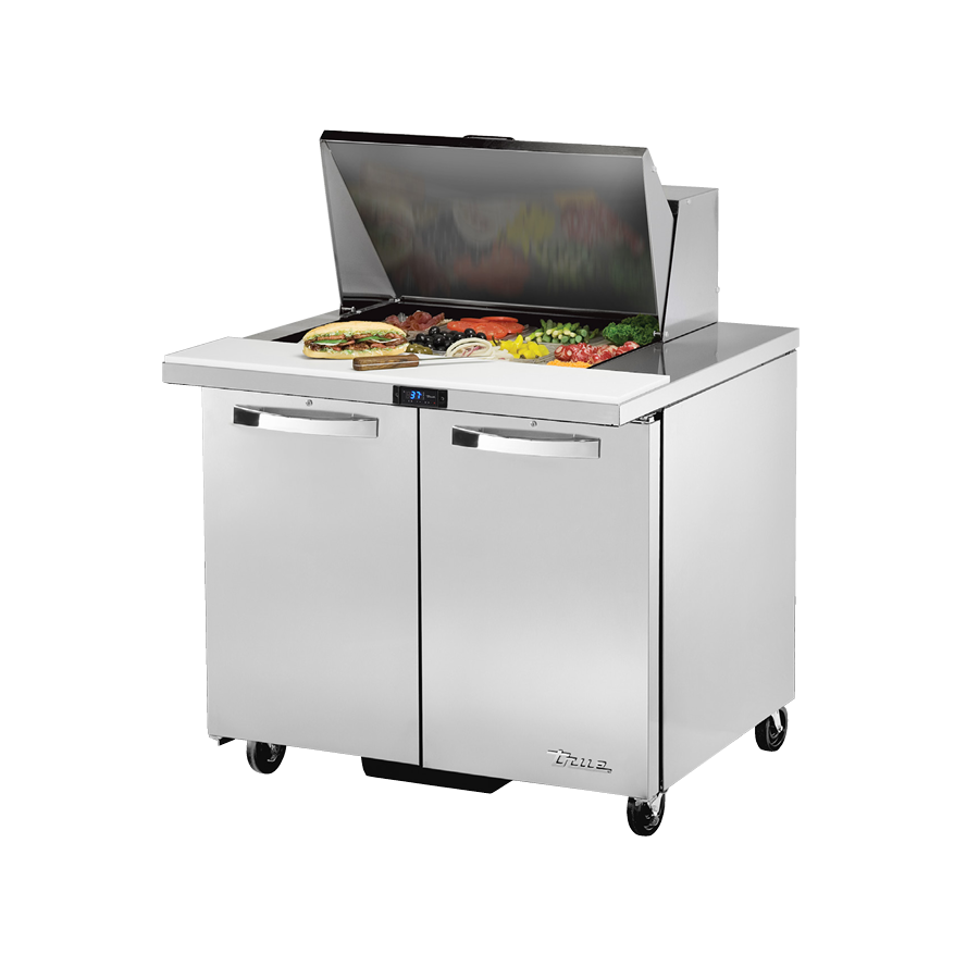 Stainless steel refrigerated sandwich salad unit True Refrigeration TSSU-36-12M-B-HC with hinged lid