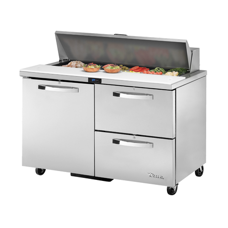 Stainless steel sandwich salad unit on wheels with one door and two drawers