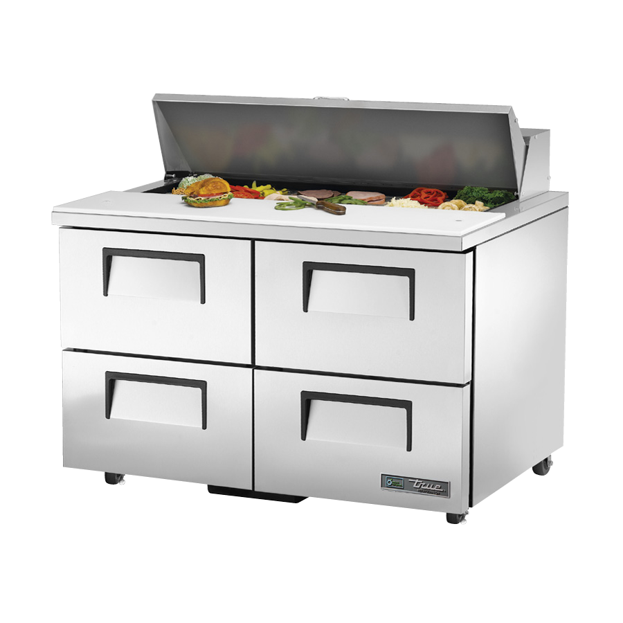 Stainless steel sandwich salad unit with drawers and a hinged lid for food storage