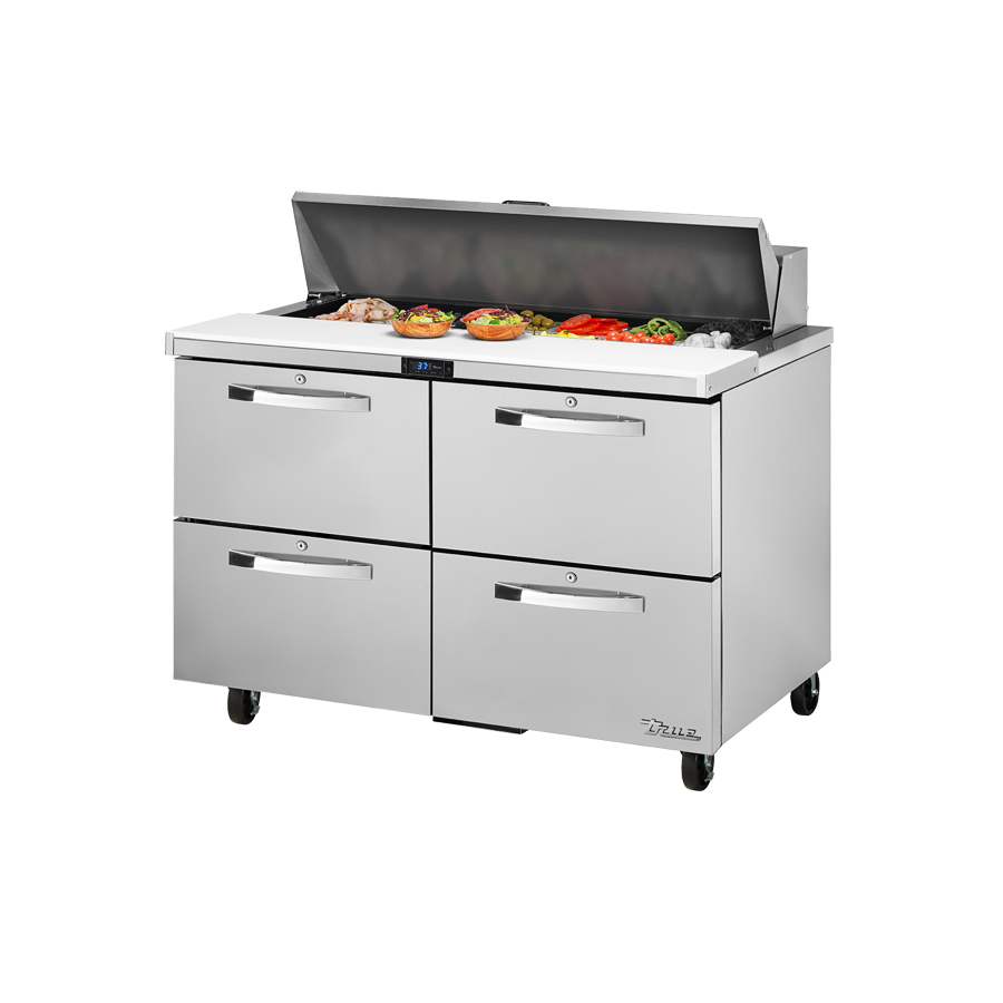 Stainless steel commercial prep table with drawers and hinged lid for True Refrigeration Sandwich Salad Unit