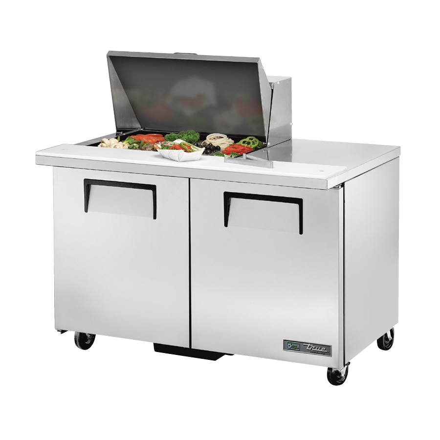 Stainless steel refrigerated sandwich salad unit with two doors and a hinged lid