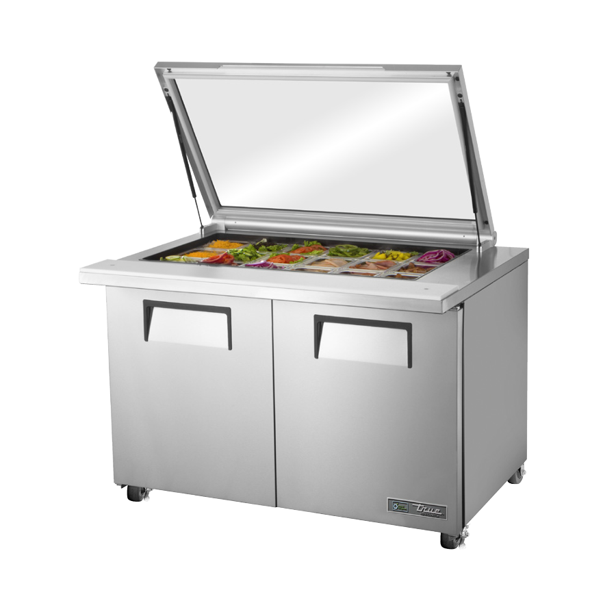 Stainless steel True Refrigeration sandwich salad unit with glass lid and two doors