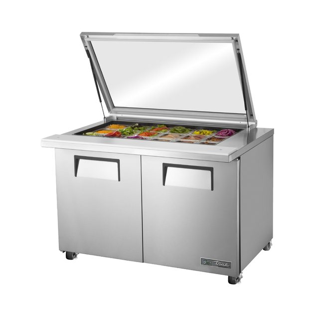 Stainless steel True Refrigeration sandwich salad unit with glass lid and two doors