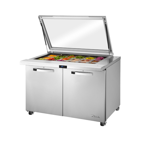 Stainless steel sandwich salad unit True Refrigeration TSSU-48-18M-B-FGLID-HC with glass lid