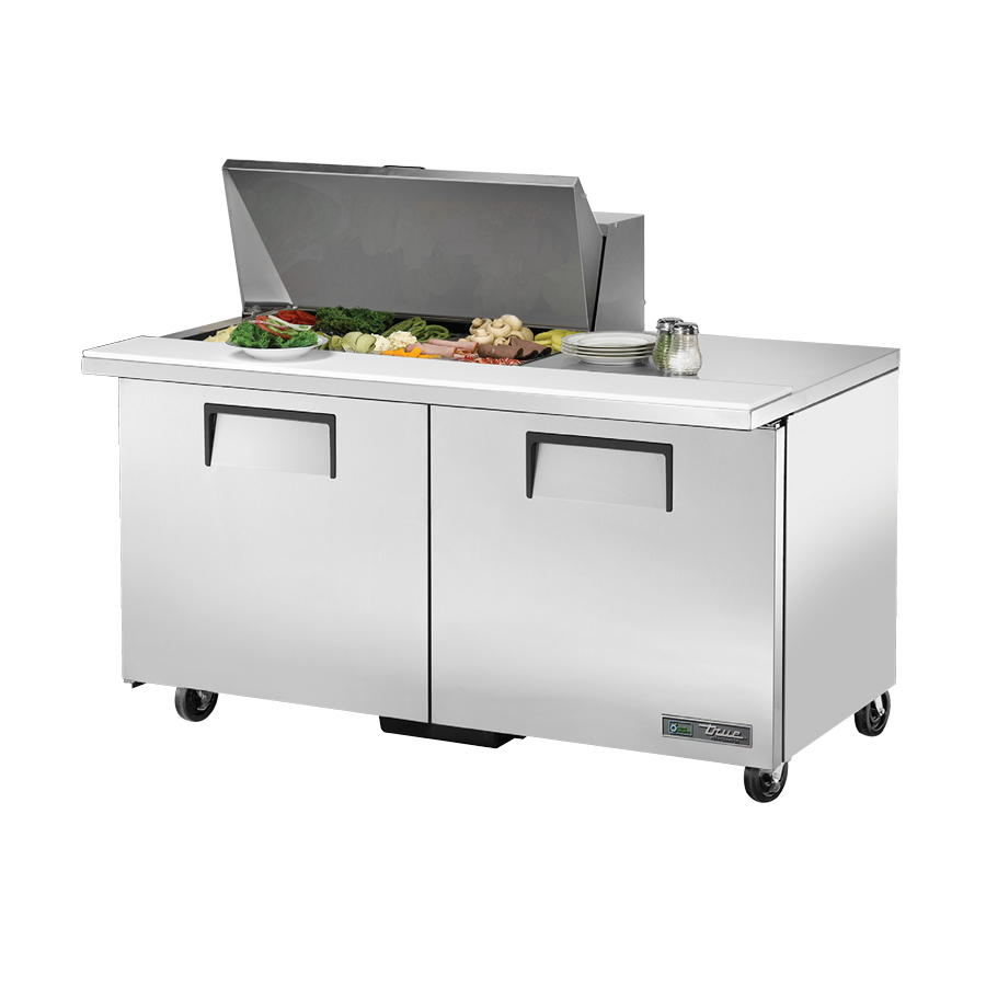 Stainless steel Sandwich Salad Prep Table with two doors and hinged lid on casters