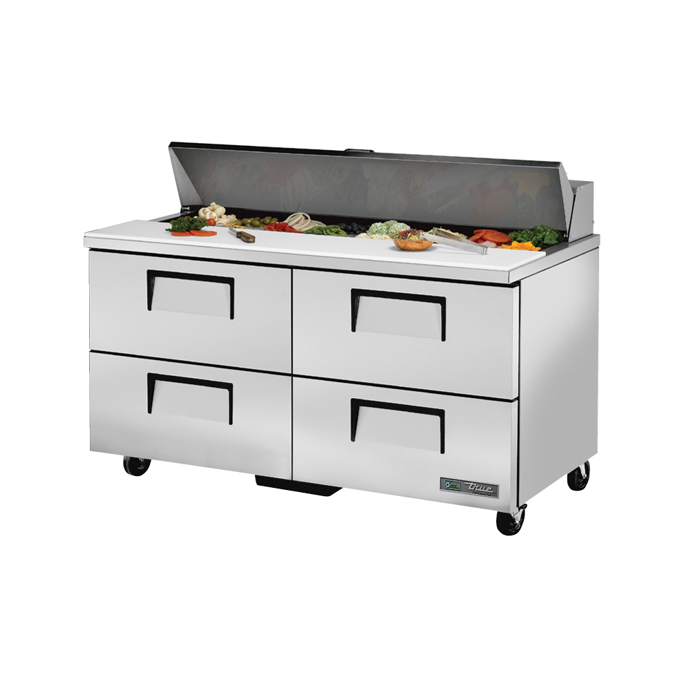 Stainless steel sandwich salad unit with four drawers and hinged lid on wheels