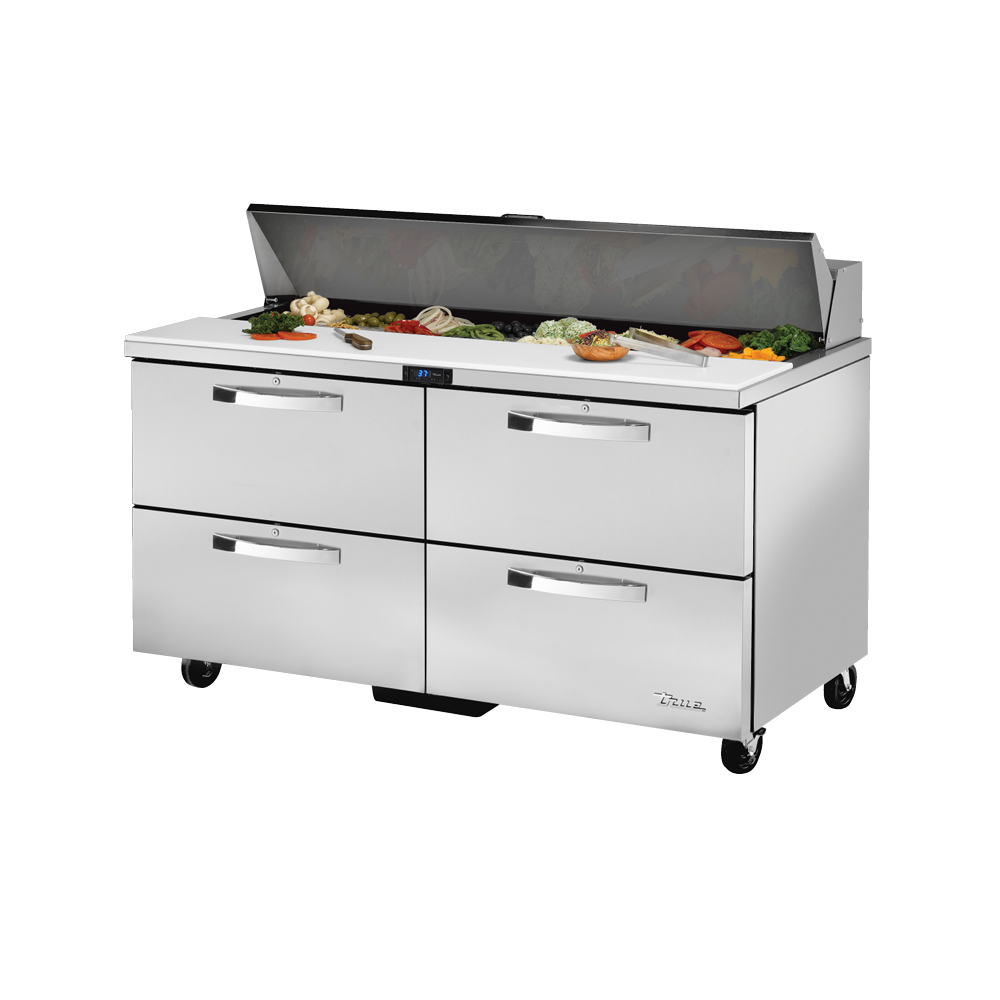 Stainless steel sandwich salad unit on wheels featuring four drawers and a hinged lid