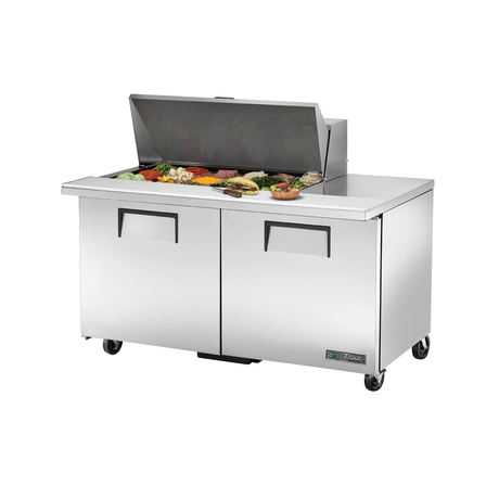 Stainless steel True Refrigeration sandwich salad unit with hinged lid and two doors