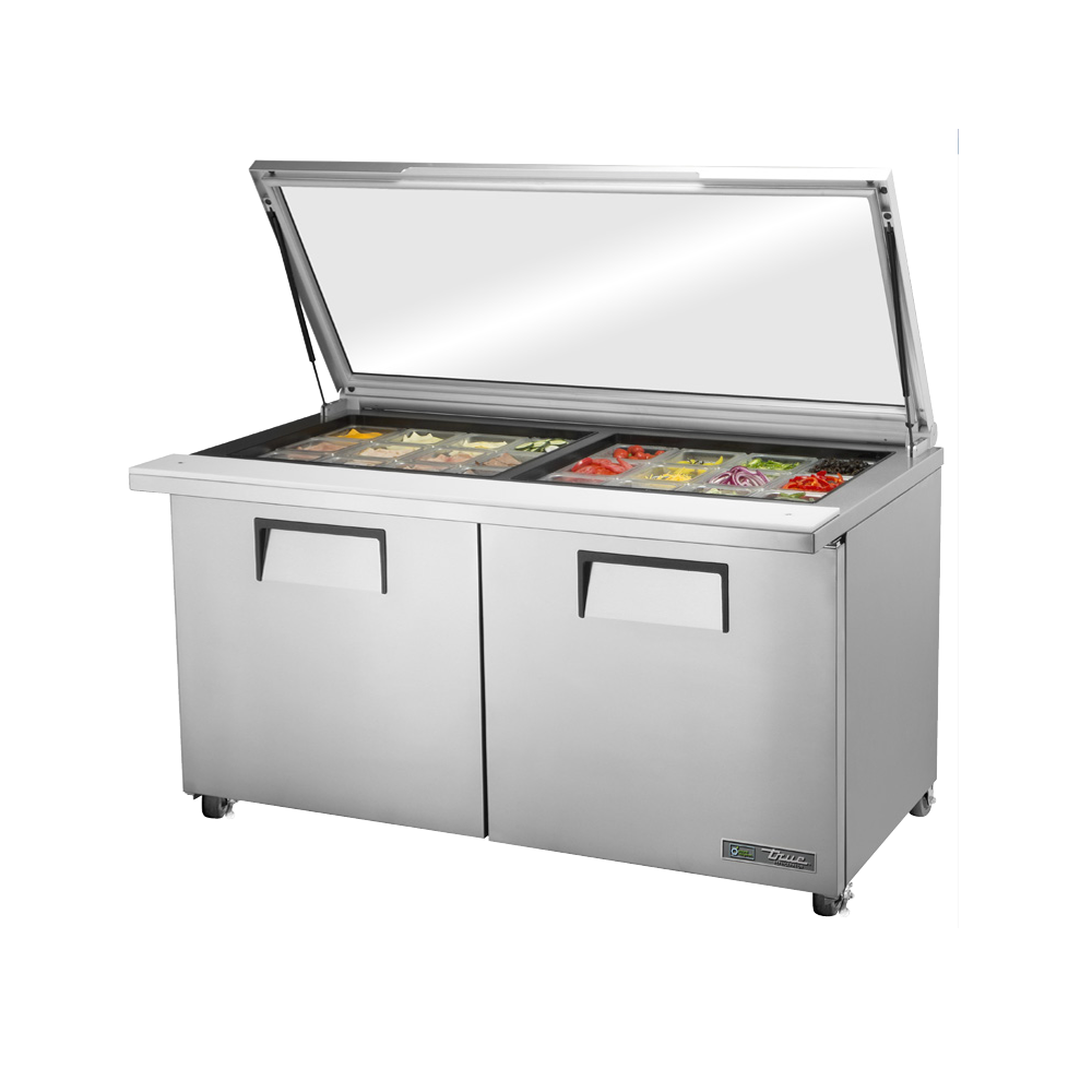 Stainless steel sandwich salad unit with clear hinged lid and dual compartments