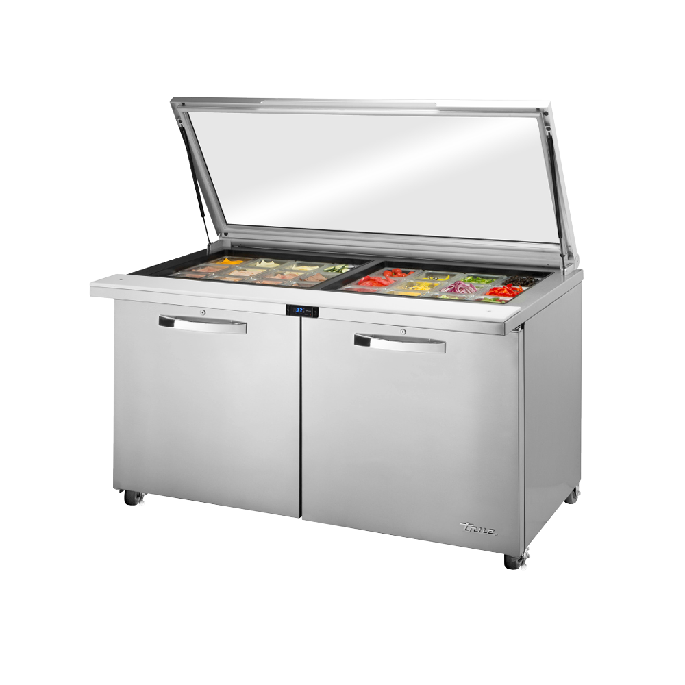 Stainless steel True Refrigeration Mega Top Sandwich Salad Unit with glass lid and storage