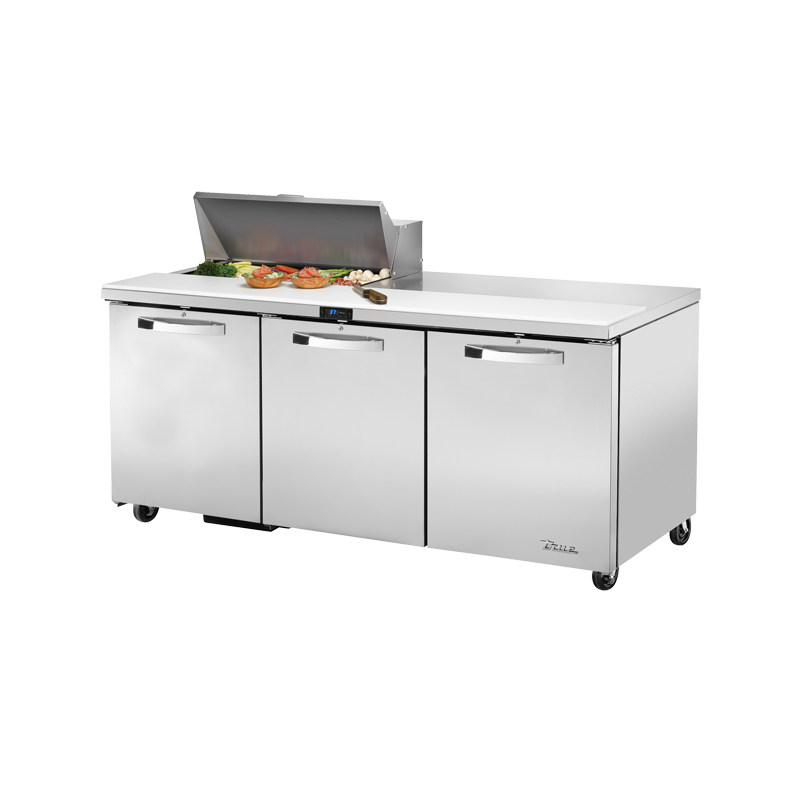 Stainless steel True Refrigeration TSSU-72-08-HC~SPEC3 Sandwich Salad Unit with three doors
