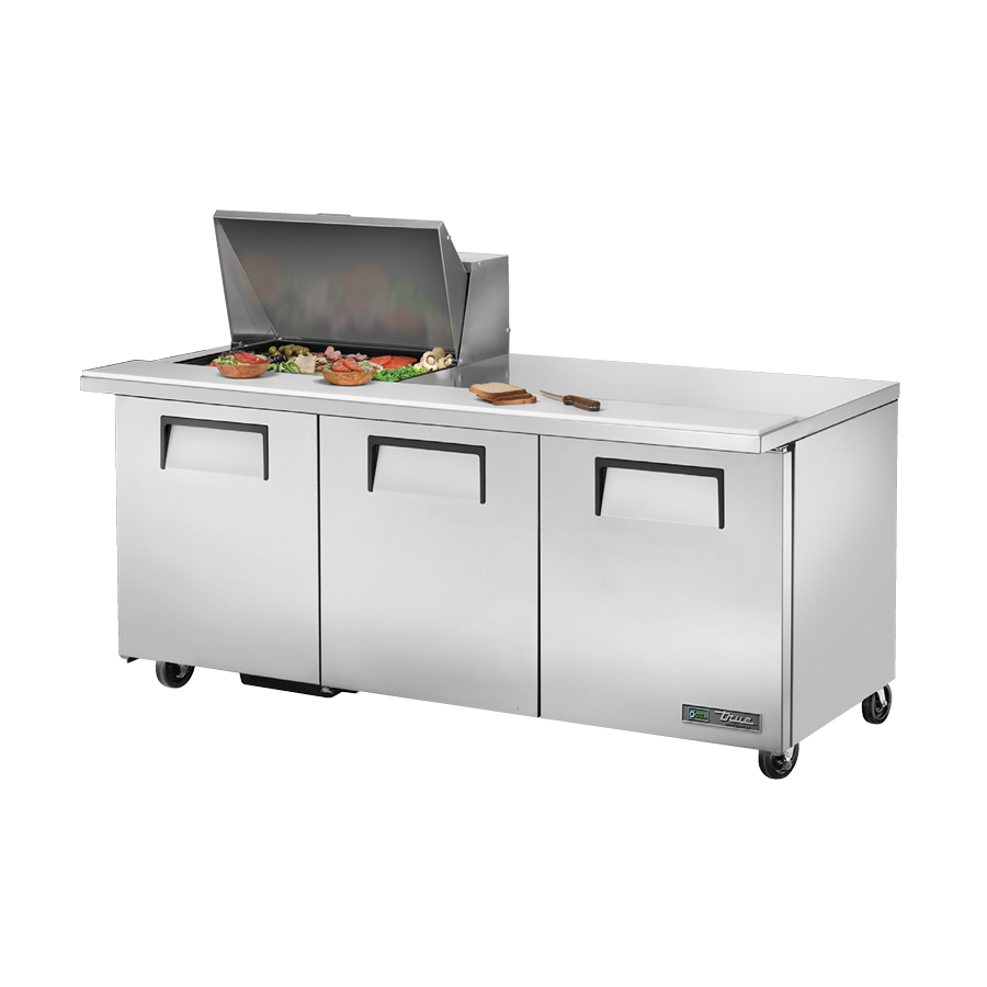 Stainless steel commercial sandwich salad unit with three doors and poly pans