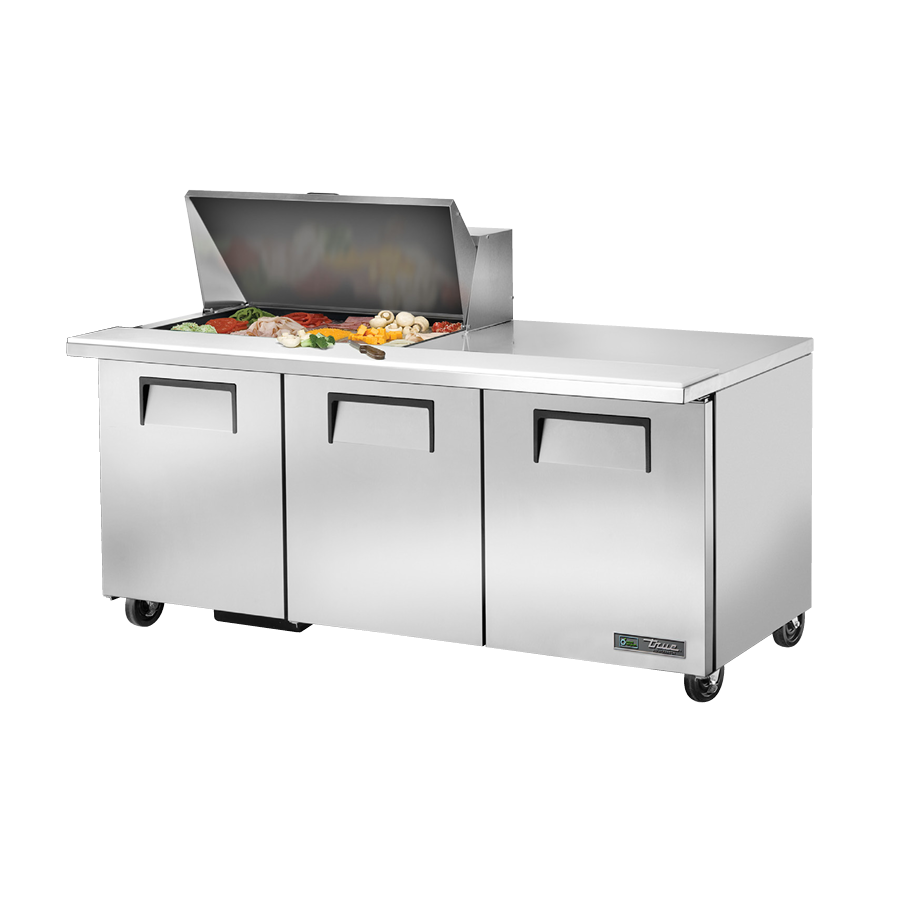 Stainless steel sandwich salad unit True Refrigeration TSSU-72-15M-B-HC with three doors