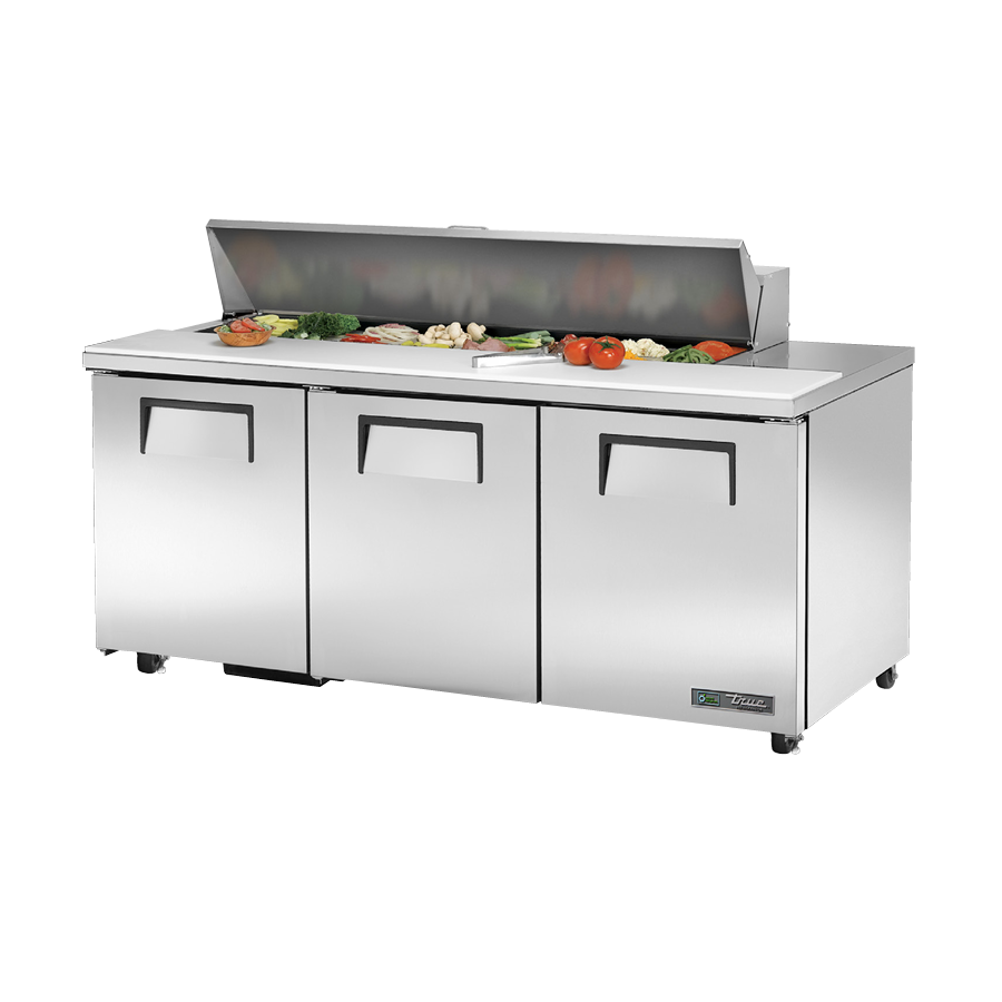 Stainless steel sandwich salad unit with hinged lid and three doors for food ingredients