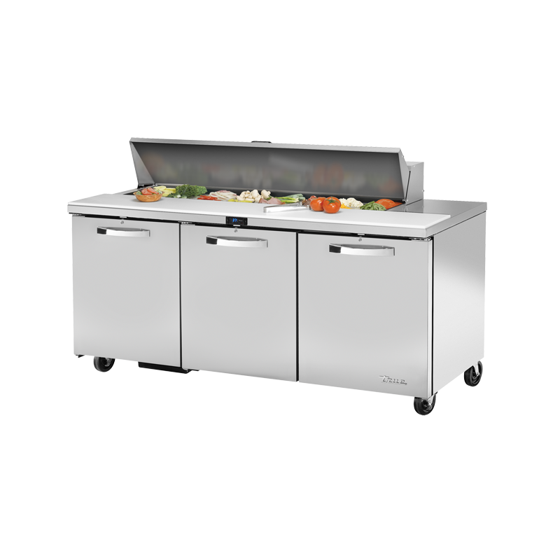 Stainless steel commercial sandwich salad unit True Refrigeration TSSU-72-16-HC with hinged lid