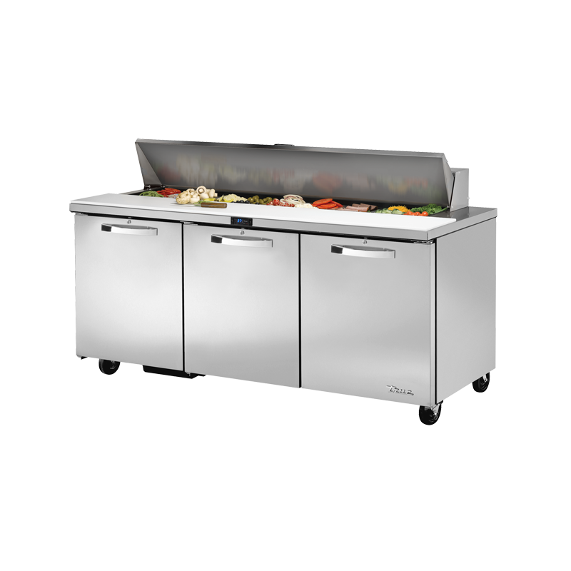 Stainless steel commercial Sandwich Salad Unit with three doors, True Refrigeration TSSU-72-18-HC