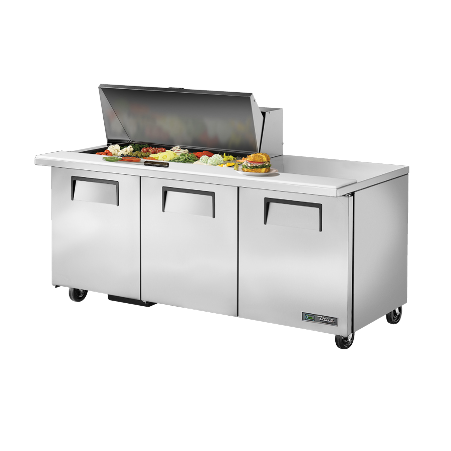 Stainless steel commercial sandwich salad unit with three doors and hinged lid