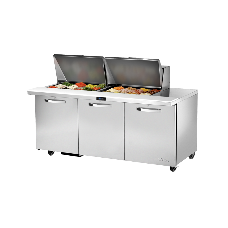 Stainless steel sandwich salad unit True Refrigeration TSSU-72-24M-B-ST-HC with three doors