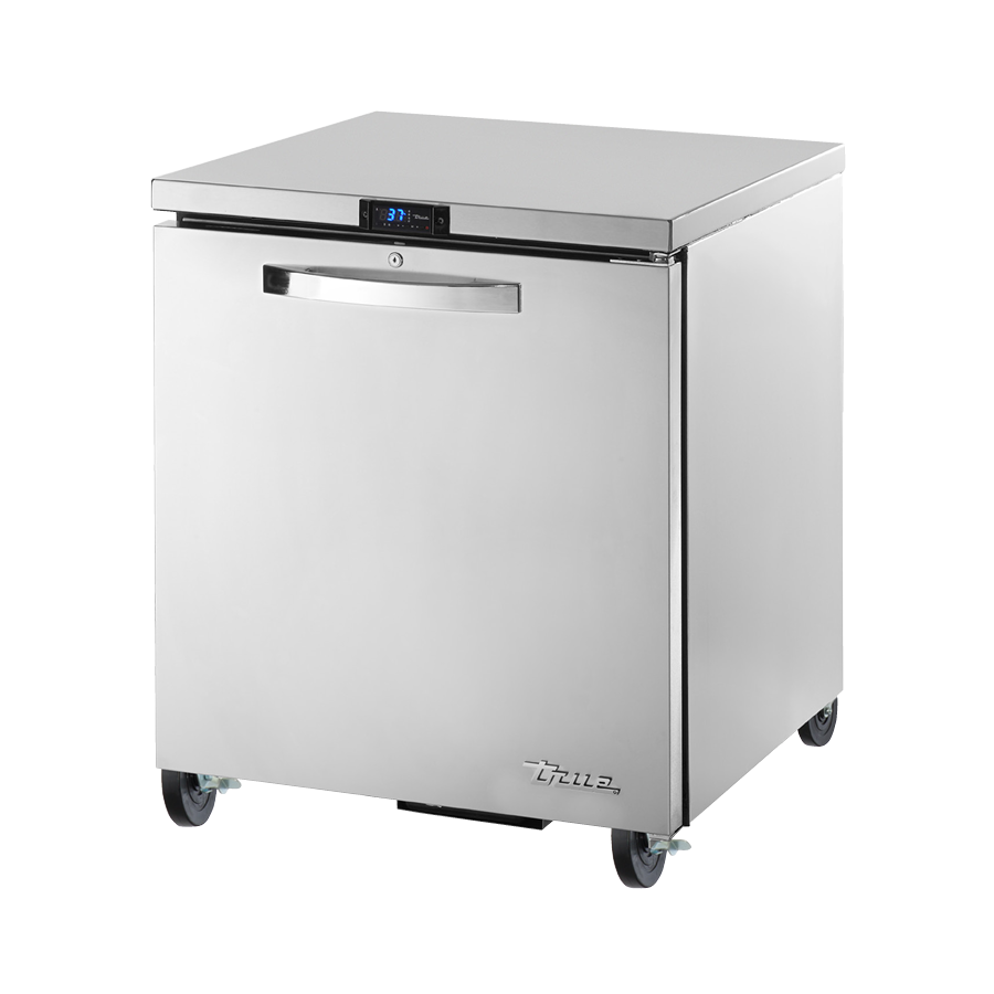 Stainless steel True Refrigeration undercounter refrigerator on wheels with digital display