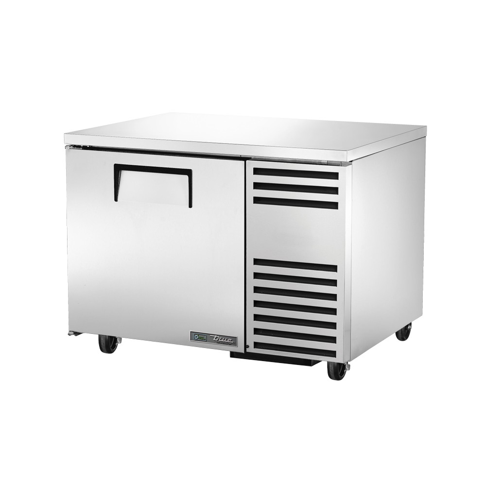 Stainless steel True Refrigeration TUC-44-HC deep undercounter refrigerator on wheels