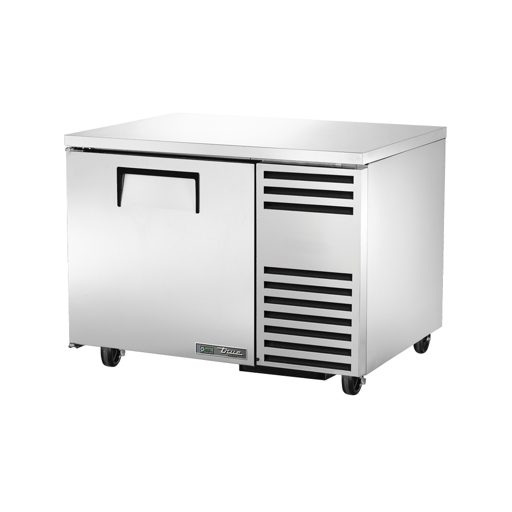 Stainless steel deep undercounter freezer with one door and ventilation slots by True Refrigeration