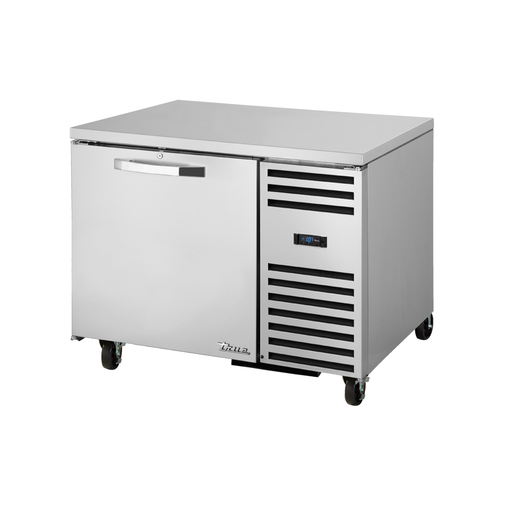 Stainless steel True Refrigeration deep undercounter freezer on wheels for commercial use