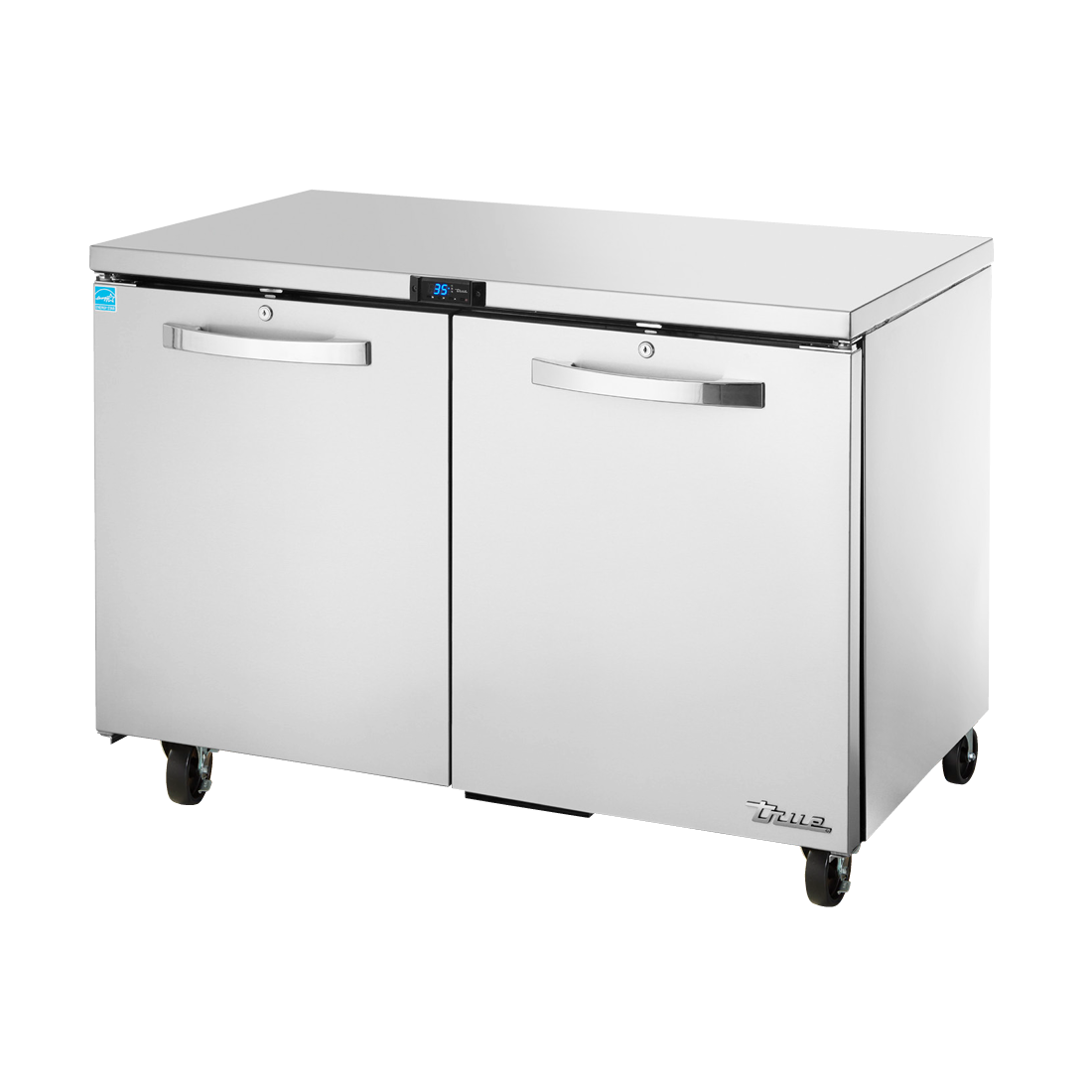 Stainless steel True Refrigeration undercounter refrigerator on wheels with two doors