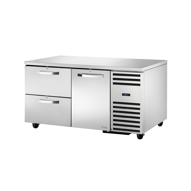 Stainless steel Deep Undercounter Refrigerator with drawers and door for efficient food prep
