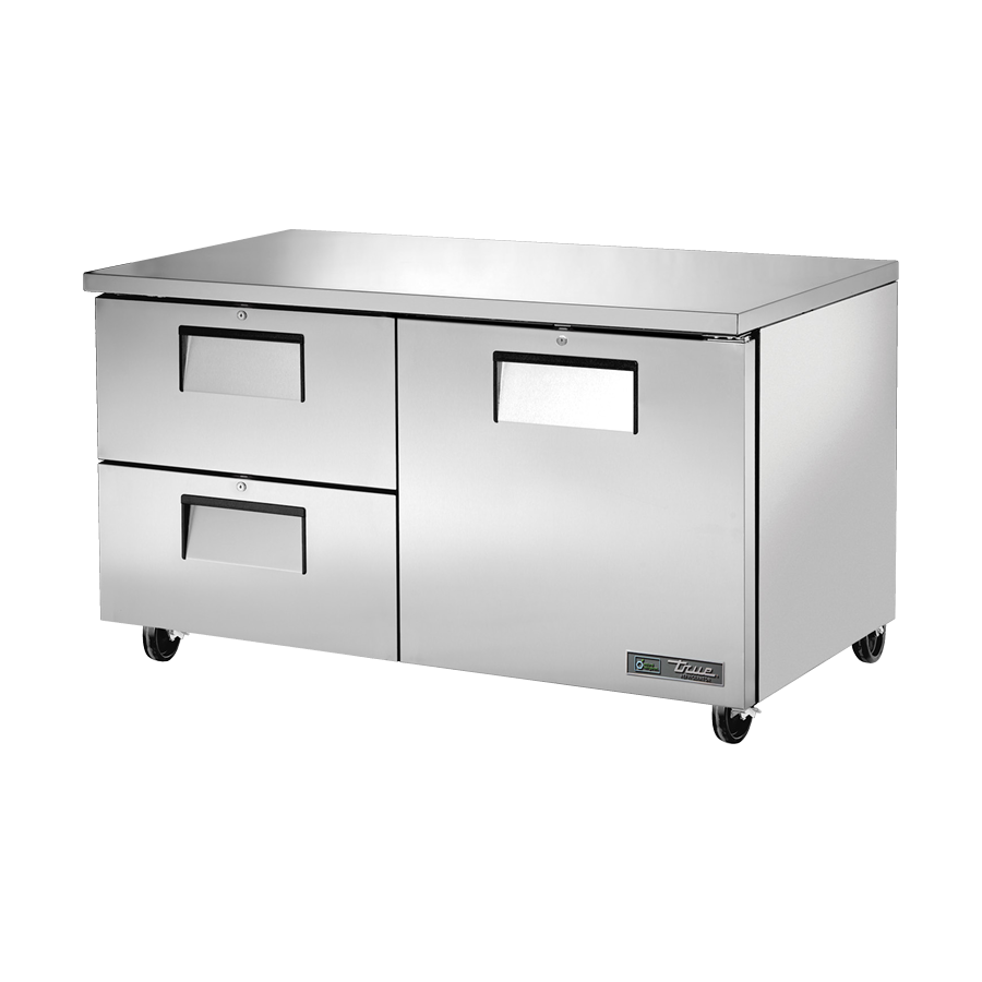 Stainless steel True Refrigeration undercounter refrigerator with drawers and door on wheels