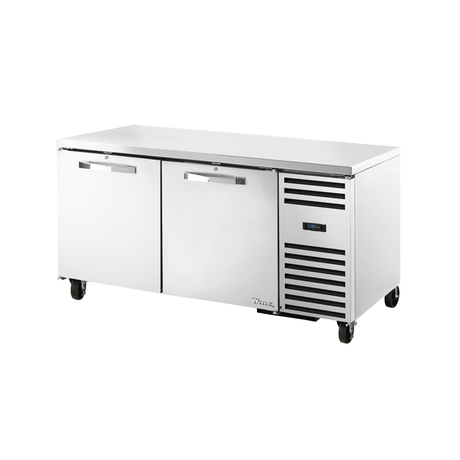 Commercial stainless steel True Refrigeration deep undercounter freezer on wheels