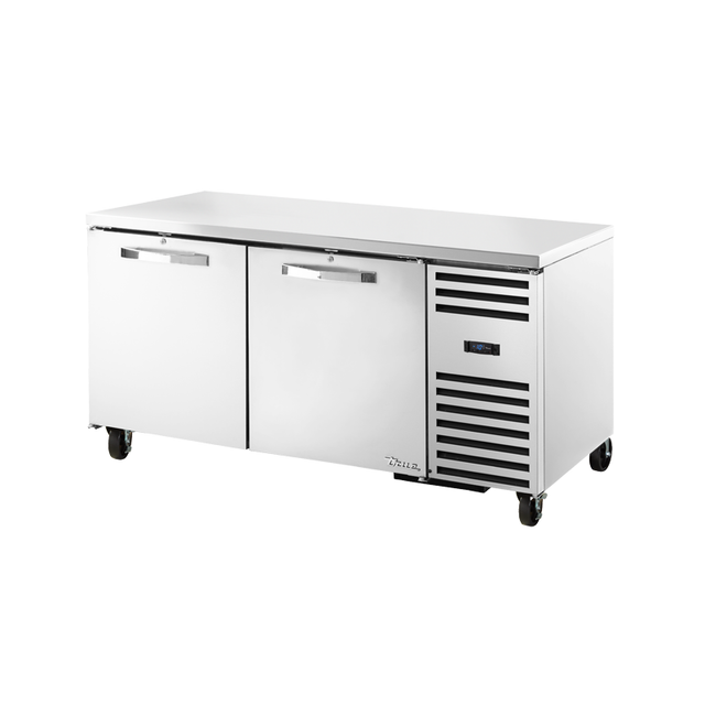 Commercial stainless steel True Refrigeration deep undercounter freezer on wheels