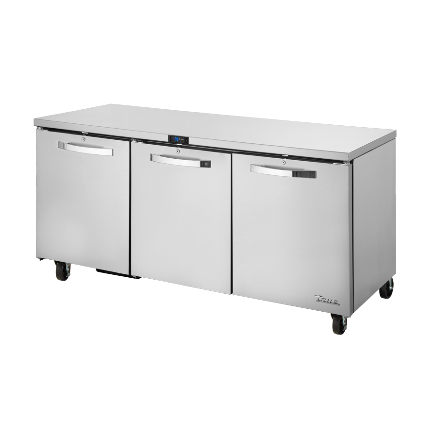 Stainless steel True Refrigeration TUC-72-HC~SPEC3 undercounter refrigerator on wheels