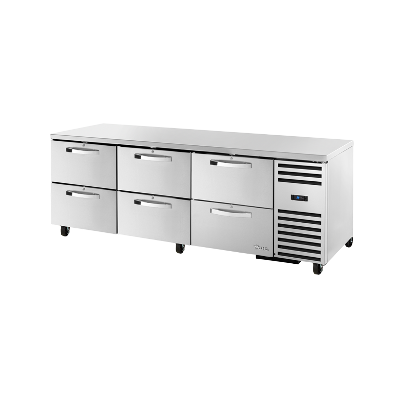 Commercial stainless steel True Refrigeration Deep Undercounter Refrigerator with six drawers
