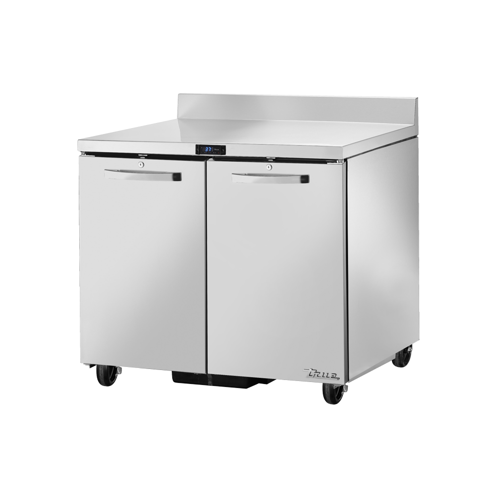 Stainless steel True Refrigeration TWT-44-HC Deep Work Top Refrigerator on wheels