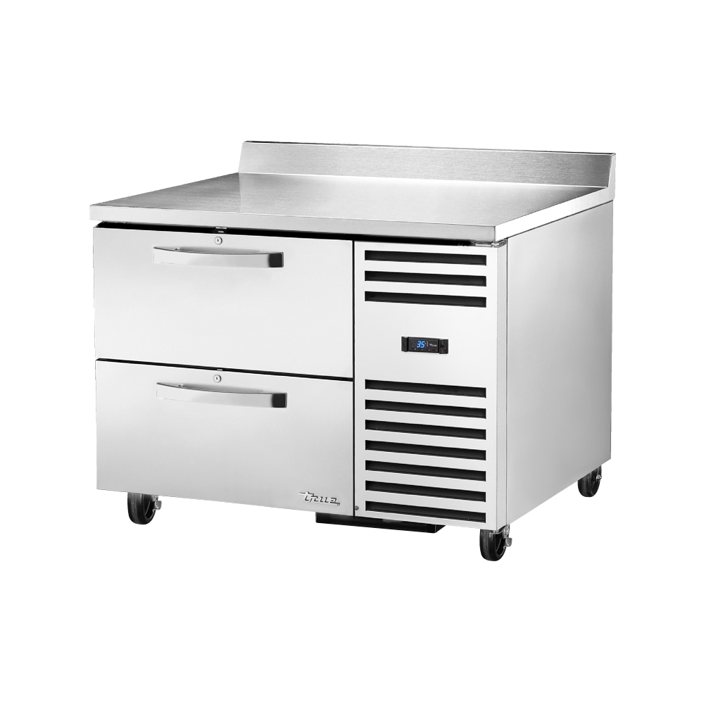 Stainless steel True Refrigeration deep work top refrigerator with drawers and backsplash