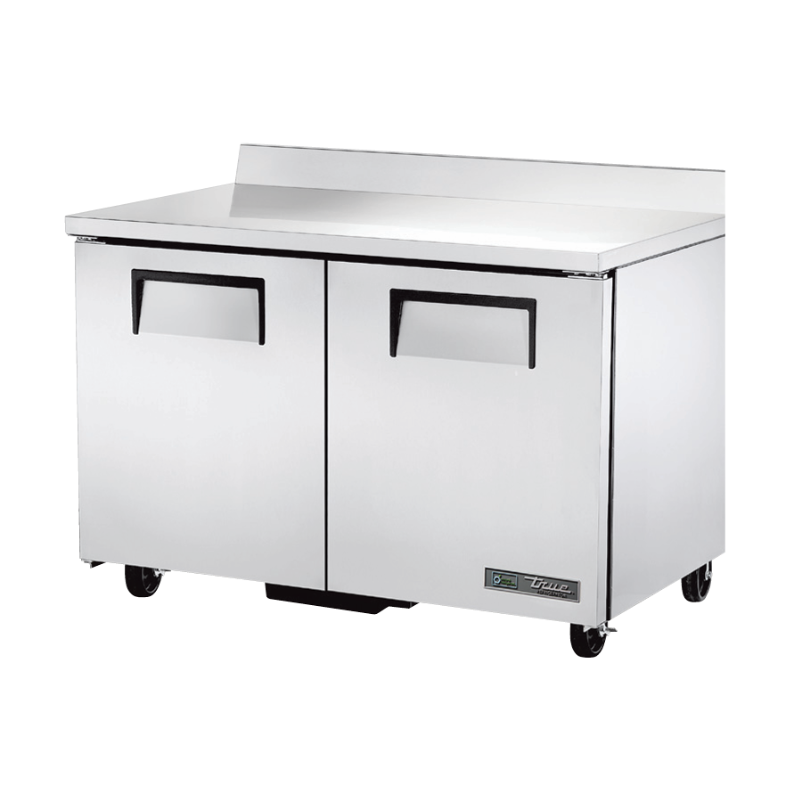Stainless steel True Refrigeration TWT-48-HC worktop refrigerator with two doors on wheels