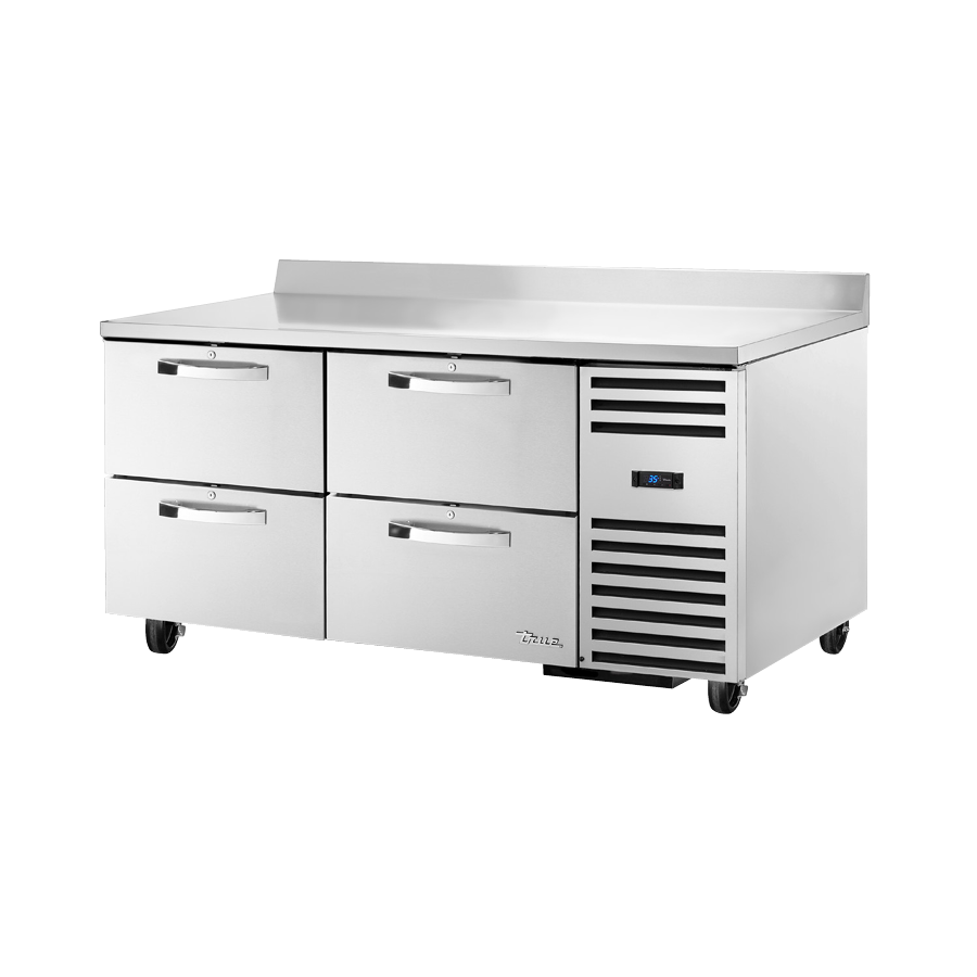 Stainless steel True Refrigeration deep work top refrigerator with four drawers and backsplash