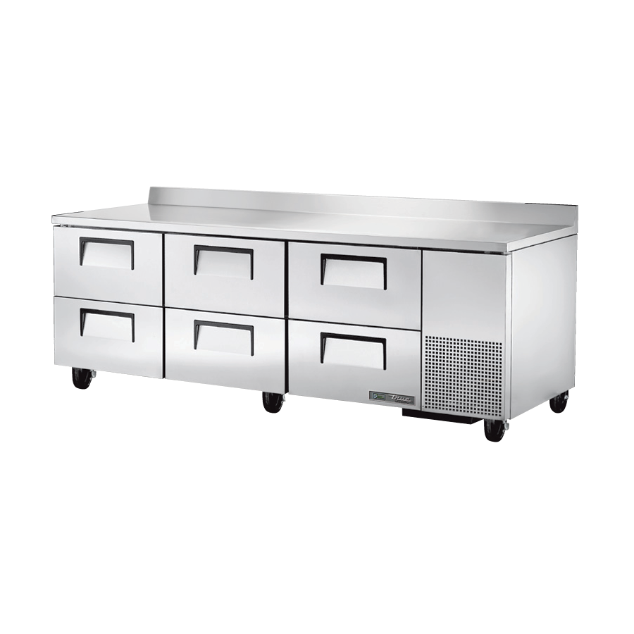 Stainless steel True Refrigeration TWT-93D-6-HC refrigerated worktop with six drawers