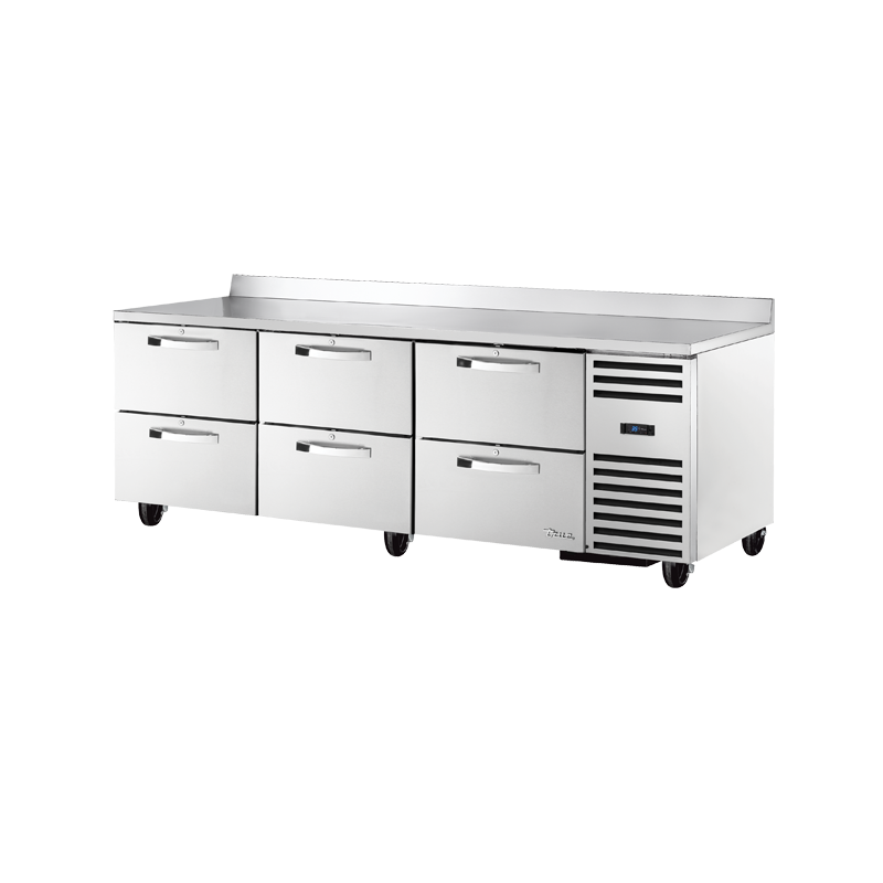 Stainless steel True Refrigeration Deep Work Top Refrigerator with six drawers and backsplash