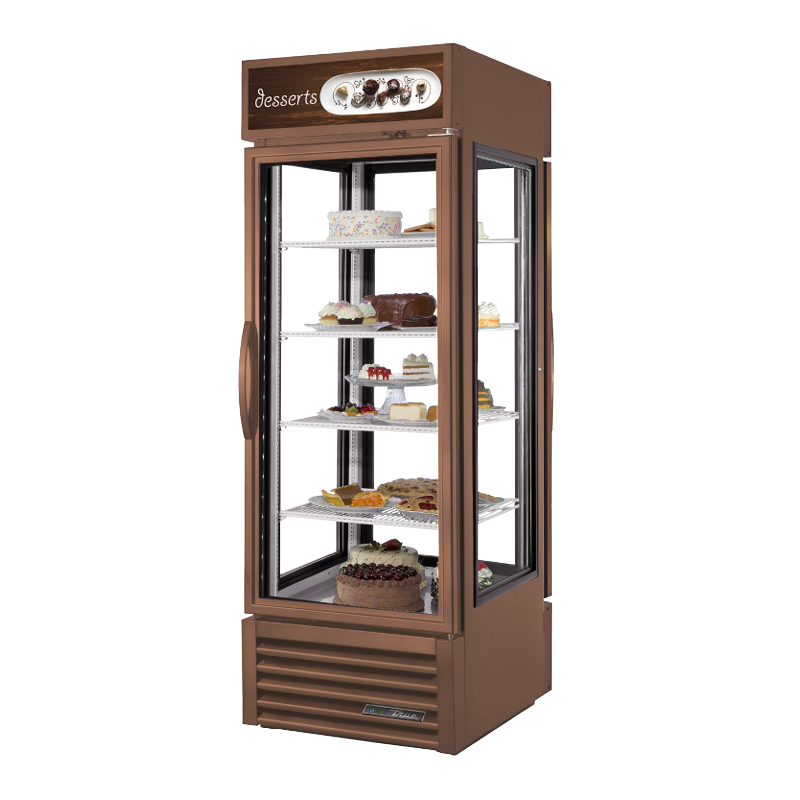 Glass display case in True Refrigeration G4SM-23PT-HC~TSL01 showcasing desserts with glass doors