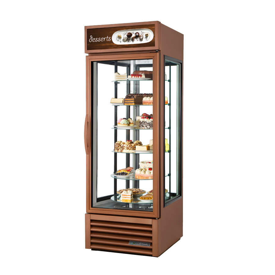 Glass display case with rotating shelves for desserts in True Refrigeration Specialty Merchandiser