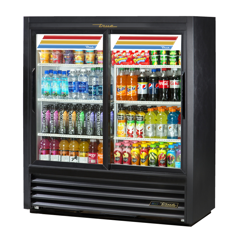 Commercial refrigerator with glass doors showcasing vibrant beverages for convenience store use