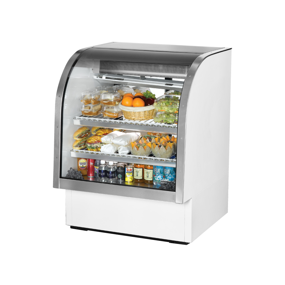 Curved glass deli case displaying food and beverages in True Refrigeration TCGG-36-HC-LD