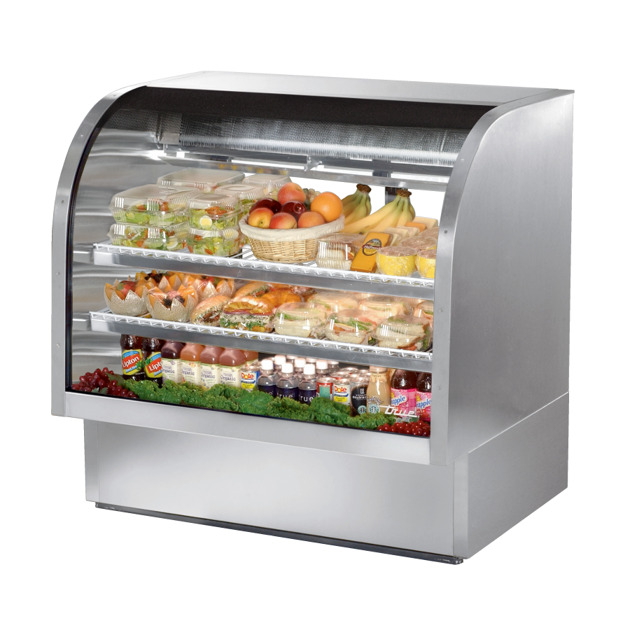 Curved glass deli case showcasing sandwiches and fruits in True Refrigeration TCGG-48-S-HC-LD