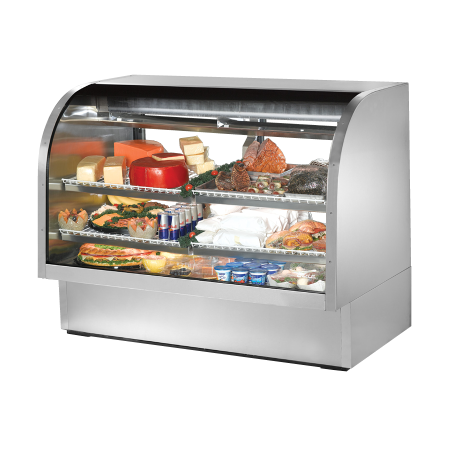 Curved glass deli case from True Refrigeration showcasing various food items on shelves