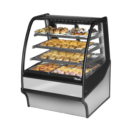 Curved glass bakery display case showcasing pastries in True Refrigeration TDM-DC-36-GE/GE-S-W