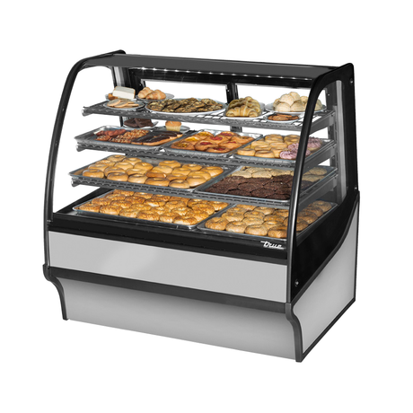 Curved glass bakery display case filled with pastries in True Refrigeration TDM-DC-48-GE/GE-S-S