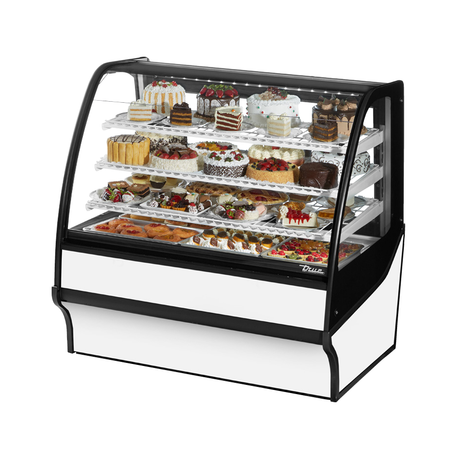 Curved-glass display merchandiser filled with pastries in white powder coated design