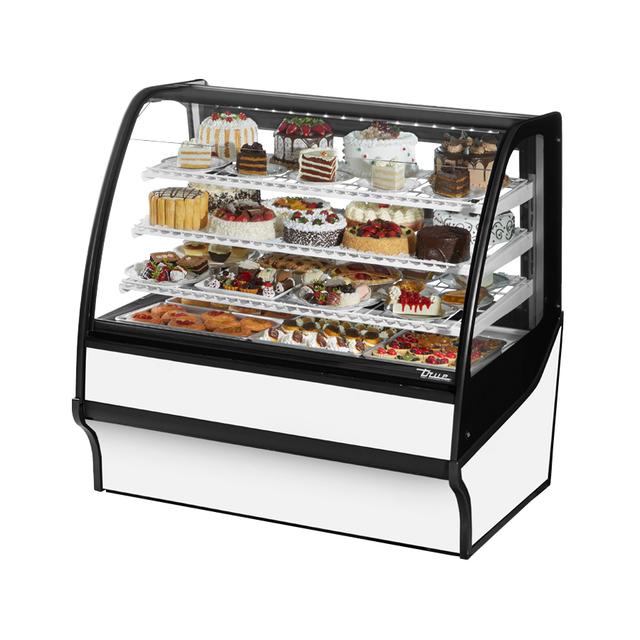 Curved-glass display merchandiser filled with pastries in white powder coated design